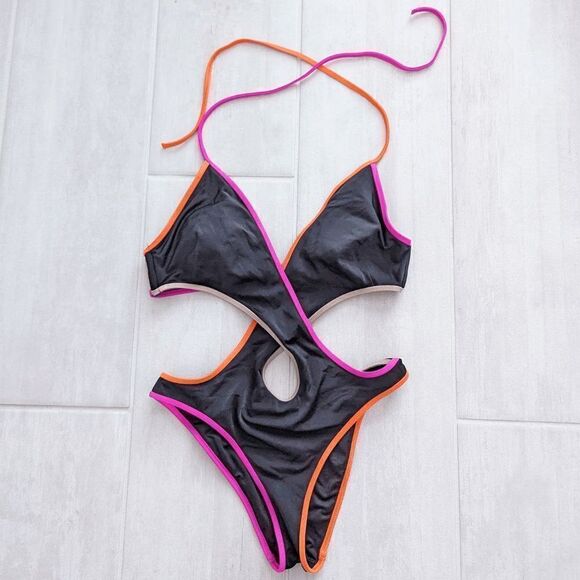 Victoria's Secret Monokini Cross Front Brazilian Cut Black w Multicolored Trim S - Picture 1 of 9